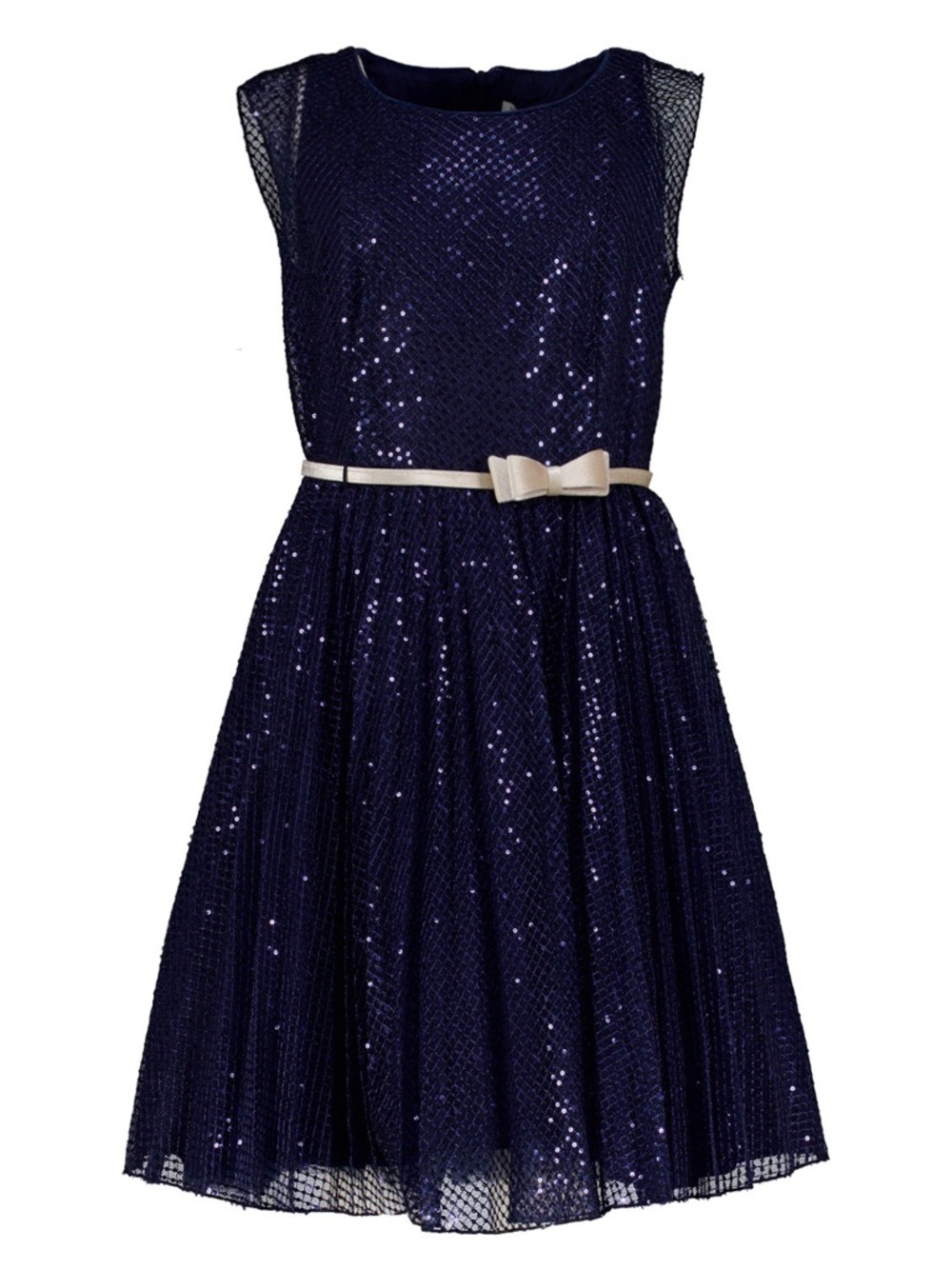 MonnaLisa Navy Blue Sequin Party Dress with Cream velvet Bow Belt